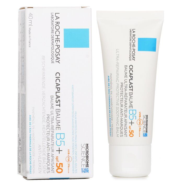 La Roche-Posay Cicaplast Baume B5+ SPF 50 ultra-repairing protective soothing balm, packaging box and tube. This balm helps repair and soothe irritated skin while providing broad-spectrum sun protection.
