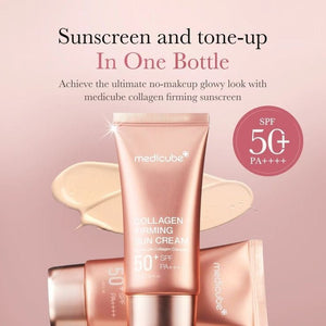 MEDICUBE Collagen Firming Sun Cream 50ml with SPF 50+ on the skin.

