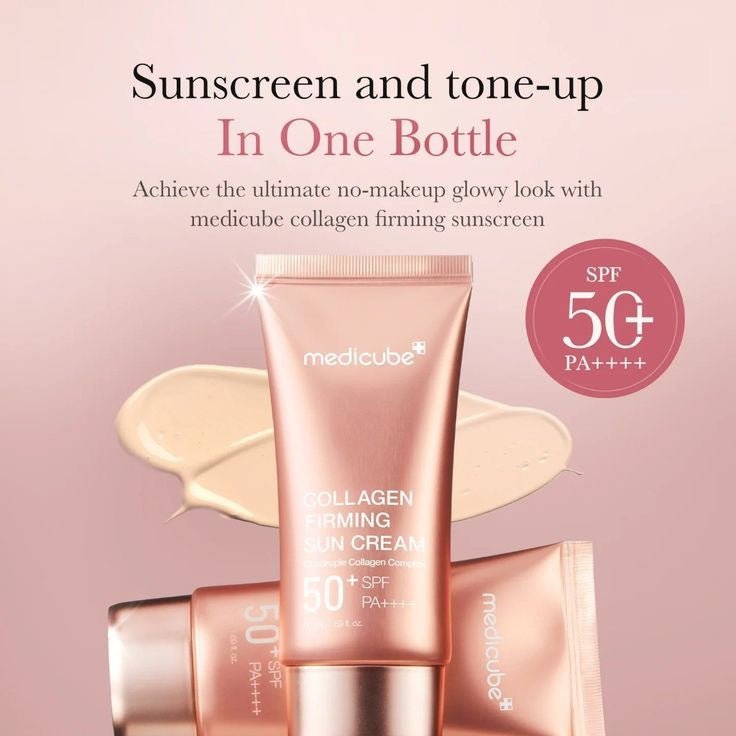 MEDICUBE Collagen Firming Sun Cream 50ml with SPF 50+ on the skin.

