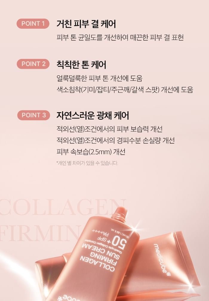 MEDICUBE Collagen Firming Sun Cream 50ml with SPF protection.

