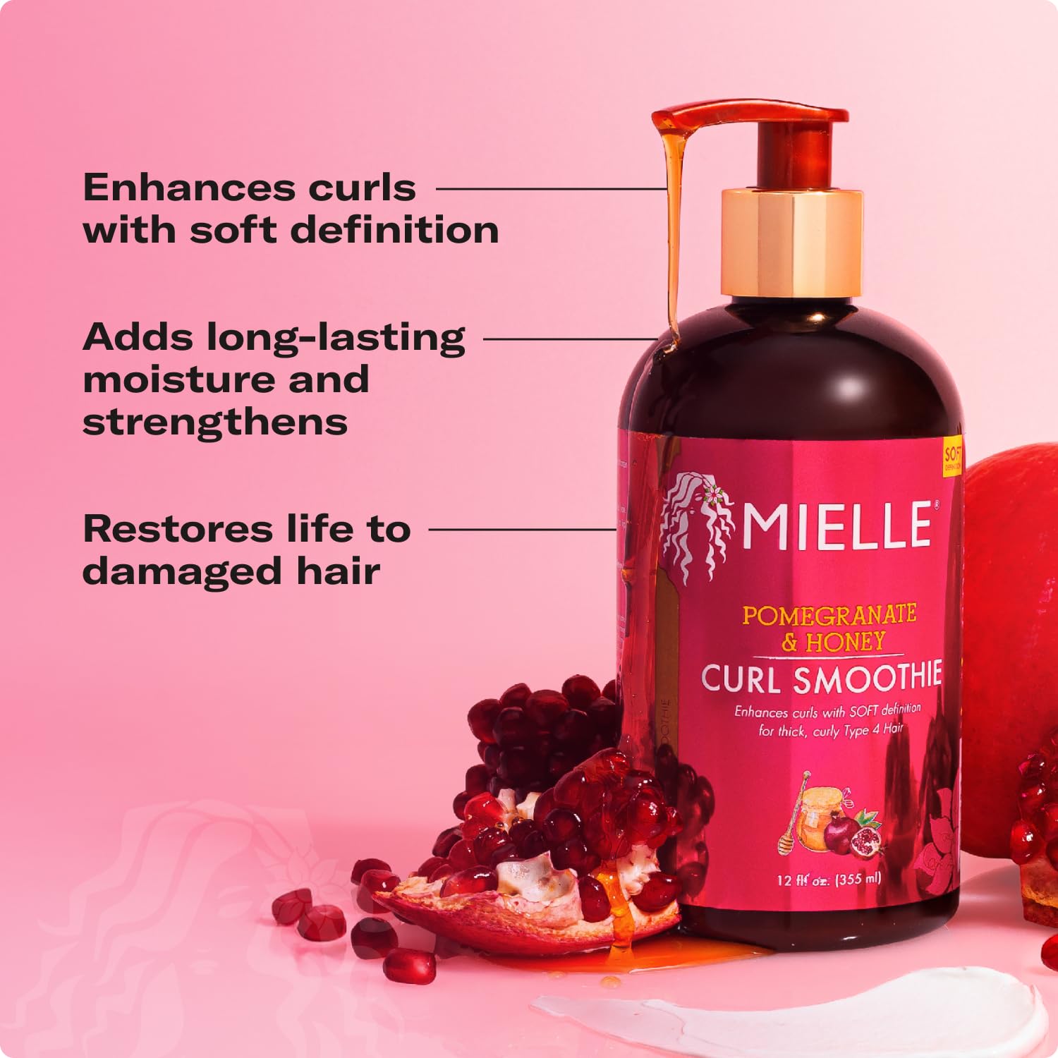 Mielle Curl Smoothie, Pomegranate & Honey 355ml, enhancing curl definition and shine.

